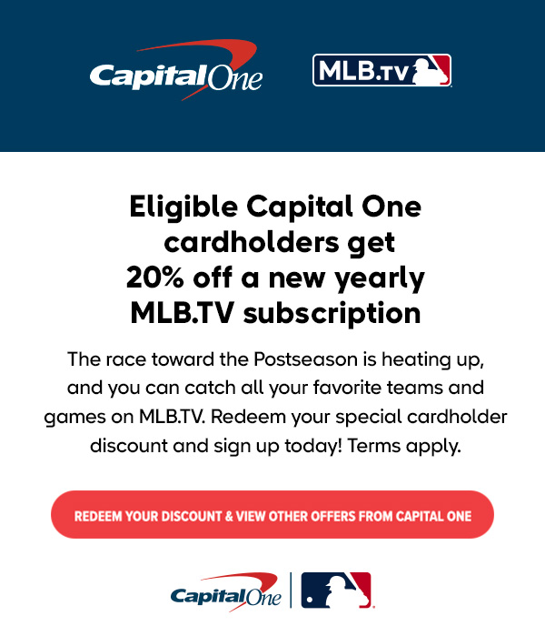 Eligible Capital One cardholders get 20% off a new yearly MLB.TV subscription.