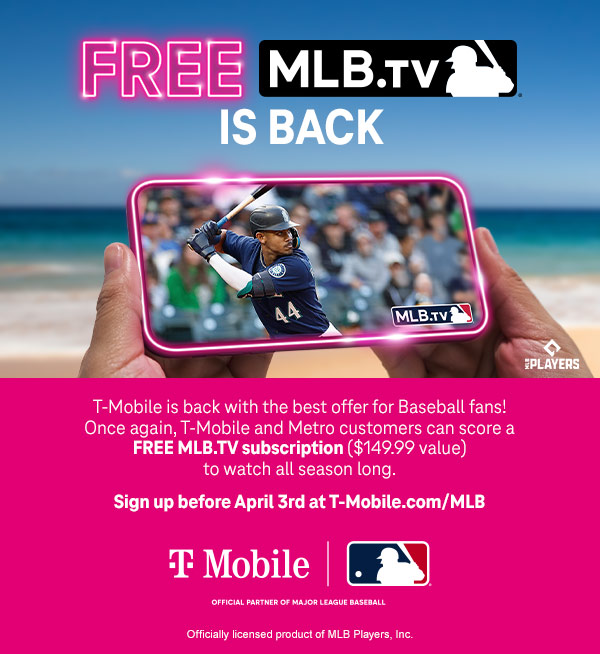 T-Mobile is back with the best offer for Baseball fans! Once again, T-Mobile and Metro customers can score a FREE MLB.TV subscription ($149.99 value) to watch all season long.