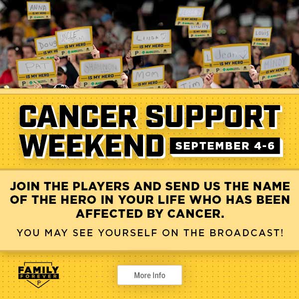 Cancer Support Weekend - September 4-6. Join the players and send us the name of the hero in your life who has been effected by cancer. More Info >>
